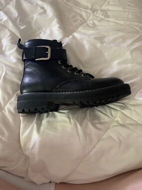 Amazon Black Leather Lace-Up Ankle Boot with Buckle Strap